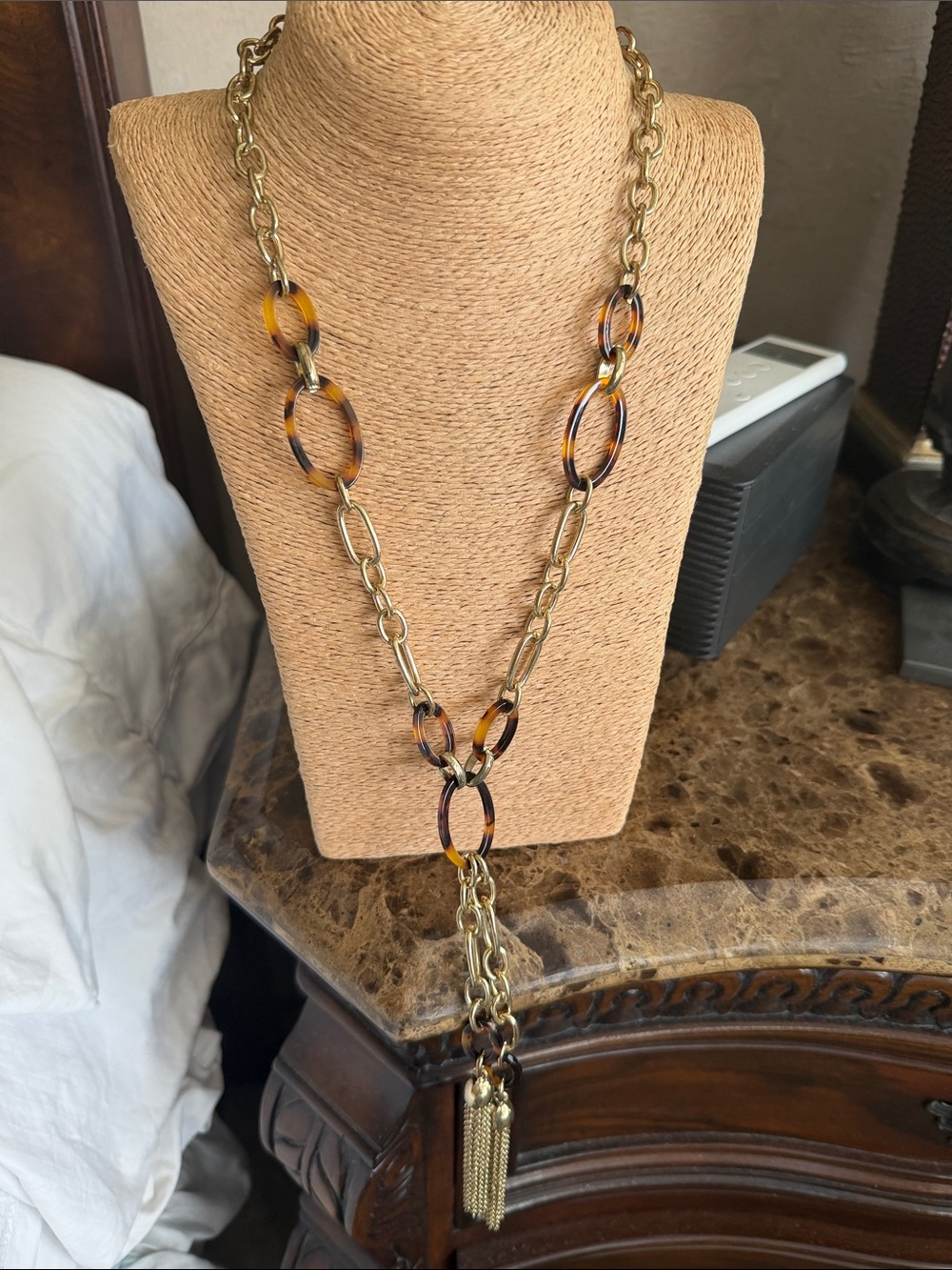 Tortoiseshell faux Link Tassel Necklace adjustable a little tarnished in back